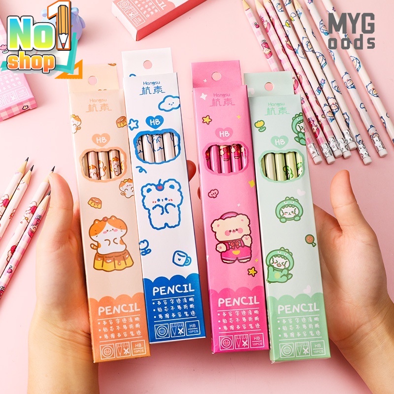 Set 10 bút chì đầu cao su không độc hại họa tiết hoạt hình cho bé