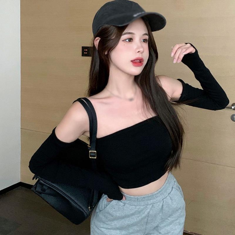Áo crop top trễ vai màu sắc đơn giản quyến rũ cho nữ