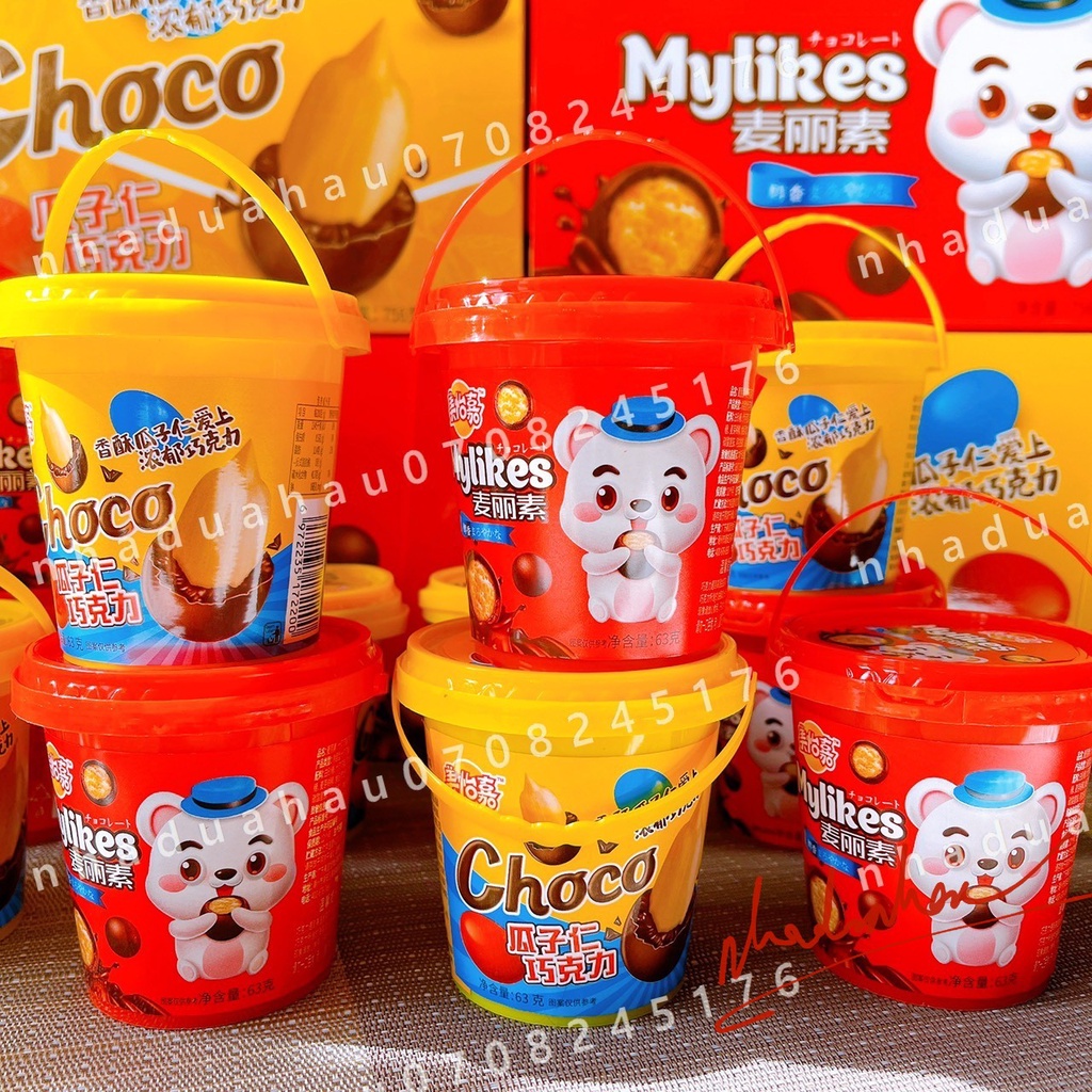 Sỉ 1 lốc gồm 12 xô kẹo sô cô la giòn/ kẹo sô cô la bọc hướng dương sắc màu Mylikes Hongkong xô mini 63gam