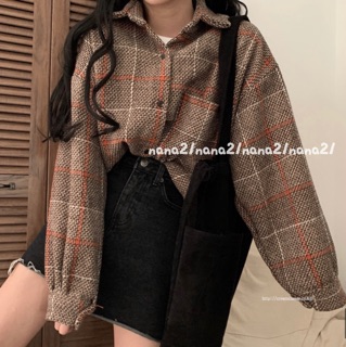 Sơ mi dạ kẻ oversize