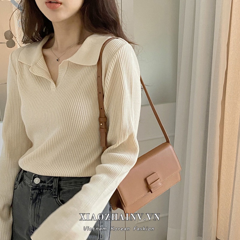 Xiaozhainv Áo len tay dài cổ bẻ phong cách Hàn Quốc thời trang cho nữ