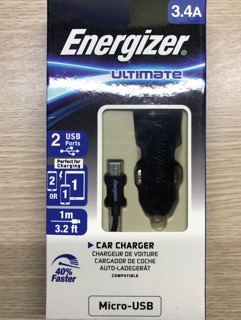 Sạc Ô Tô Energizer 2 Cổng USB 3.4A Kèm Cáp Micro USB - Đen