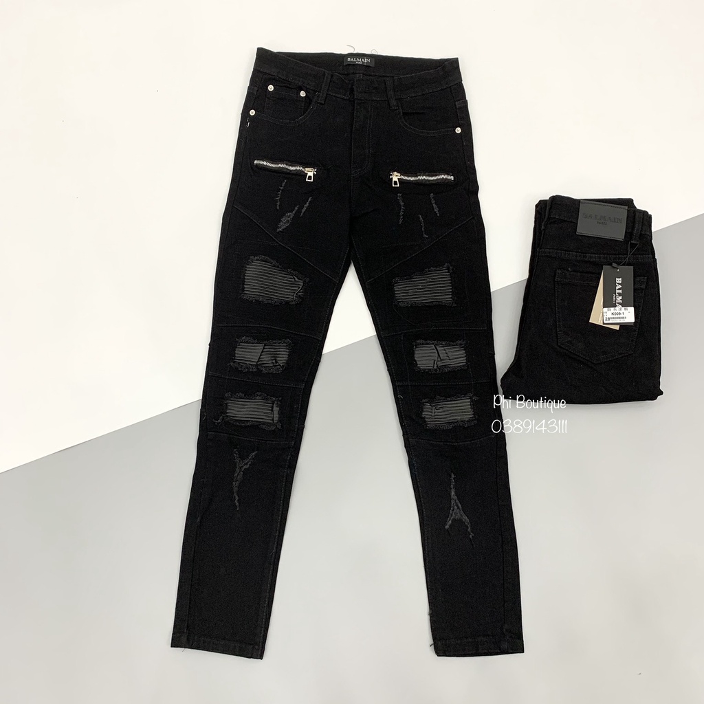Quần jean bò nam Amiri skinny thêu khoá zip đùi phối rách lót da nhăn dọc đùi phong cách boy phố