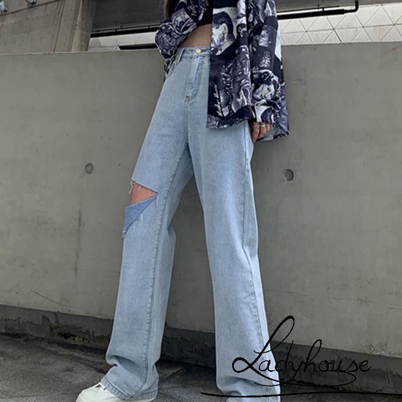 Quần Jean Dài Ống Rộng Lưng Cao Màu Sắc Trơn Thời Trang Cho Nữ