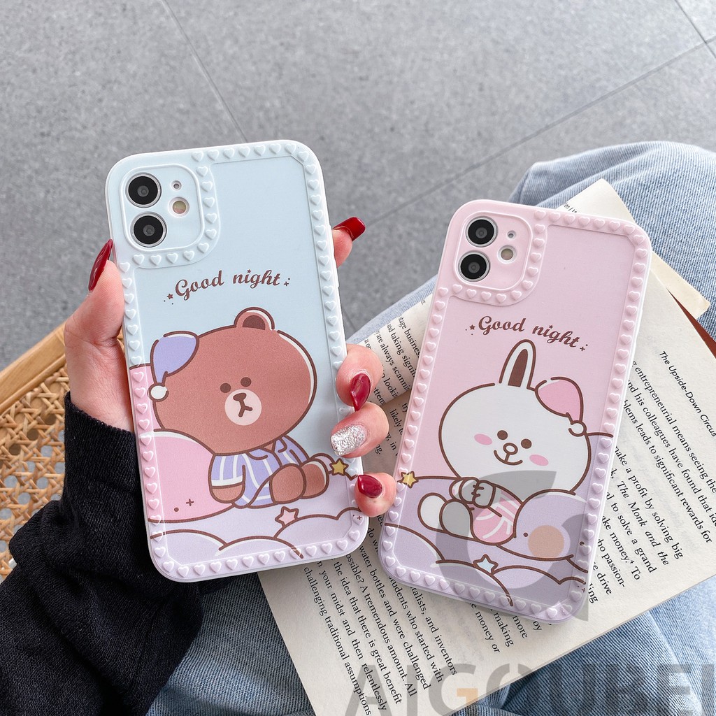 2021 Love Good Night Blue & Pink Bear Rabbit Cell Phone Case Cover 12 Pro Pro Max Mini 11Pro 11ProMax 7 8 7Plus 8Plus X XS XR XSmax Vỏ mềm mờ