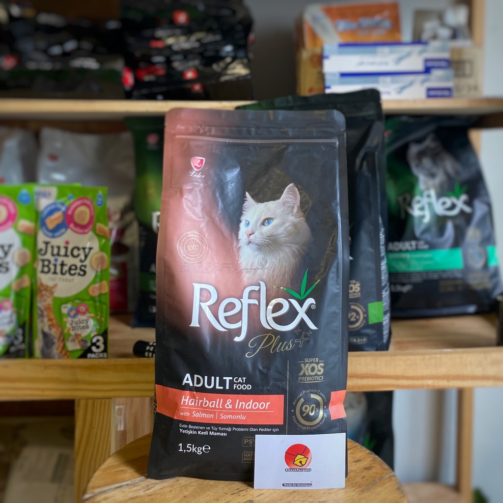 Hạt Reflex Plus Adult Hairball &amp; Indoor dành cho mèo lớn - Túi 1.5kg - Vị cá hồi giúp chống búi lông