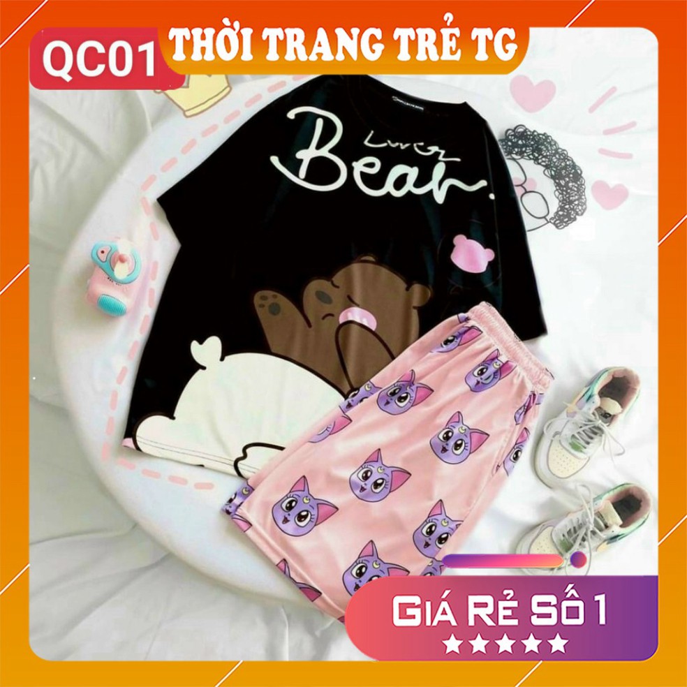 Đồ bộ hoạt hình 💕𝑭𝒓𝒆𝒆𝒔𝒉𝒊𝒑💕 Set đồ nữ Gấu Bear QC01 Quần Đùi + ÁO cartoon 3D Cute Form Rộng Cực Thoáng M