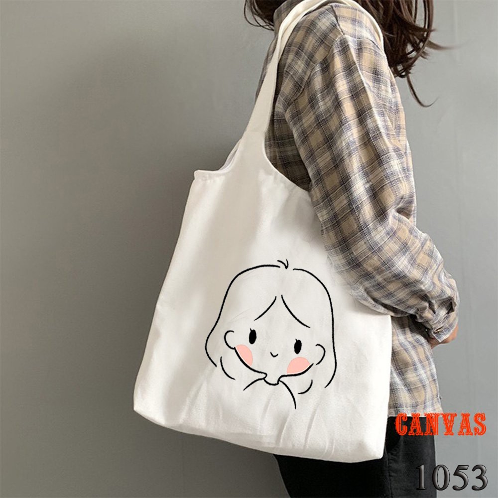 TÚI TOTE TRẮNG CHẤT VẢI CANVAS 1053 CÔ GÁI MÁ HỒNG DỄ THƯƠNG HÀNG CHUẨN ĐẸP