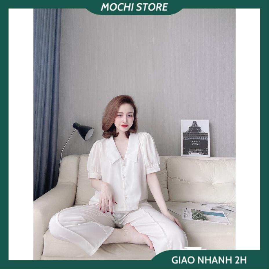 Bộ Ngủ, Đồ Ngủ Lụa Satin Áo Cổ Sen Tay Cộc Quần Dài Màu Trơn Chất Lụa Satin Cao Cấp Thời Trang Mặc Nhà Sang Chảnh.