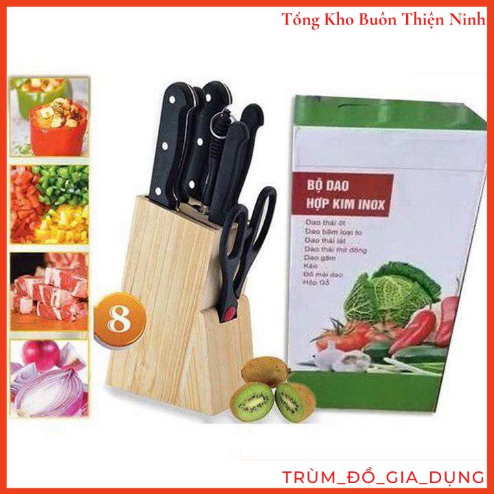 [FREESHIP] Bộ dao kéo nhà bếp đa năng 7 món kèm khay gỗ - Bộ dao làm bếp hợp kim inox kèm hộp gỗ