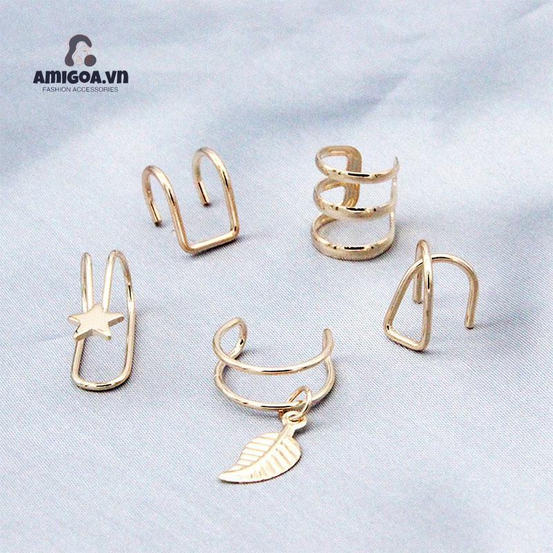 Set 5 Khuyên Tai Kẹp Chữ U Hai Lớp Sáng Tạo Không Xỏ Lỗ Tai