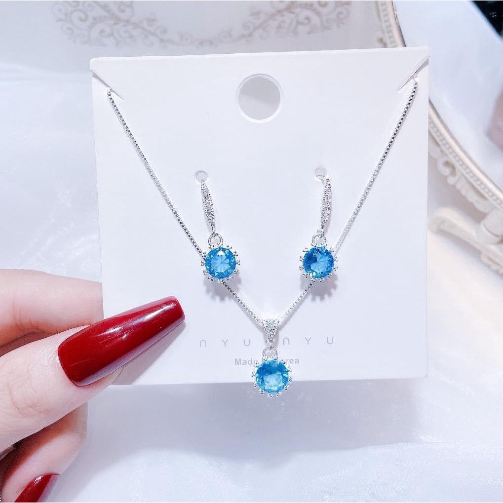 Combo trang sức bạc Dây chuyền + Bông tai gắn đá màu, phong cách trẻ trung năng động