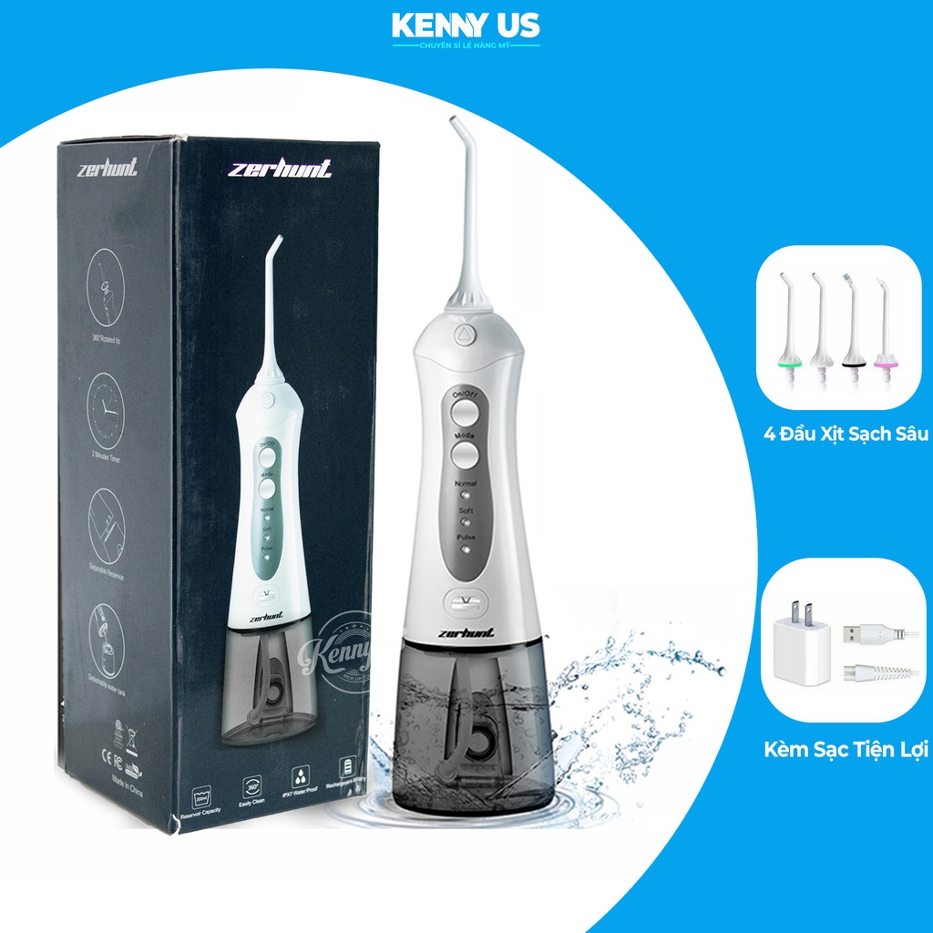 Máy Tăm Nước Cầm Tay Zerhunt FC 159 Với 3 Chế Độ Êm Ái Cho Răng, Nướu Sạch Sâu Kèm 3 Loại Đầu Xịt - Kenny US