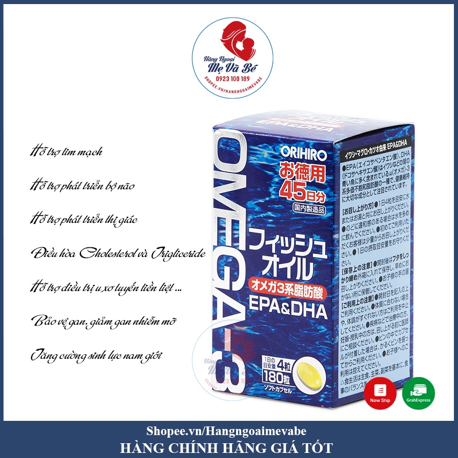 Dầu cá Omega 3 Orihiro Fish Oil Nhật Bản hộp 180 viên 5/2025