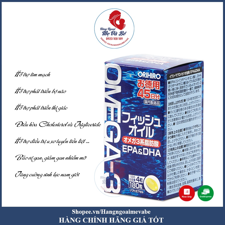 Dầu cá Omega 3 Orihiro Fish Oil Nhật Bản hộp 180 viên [Date 2/2023]