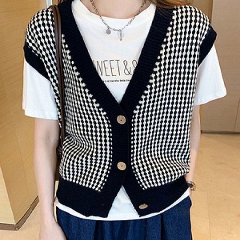 Áo khoác len cardigan cổ chữ V dáng rộng họa tiết kẻ sọc màu tương phản thời trang Hàn Quốc