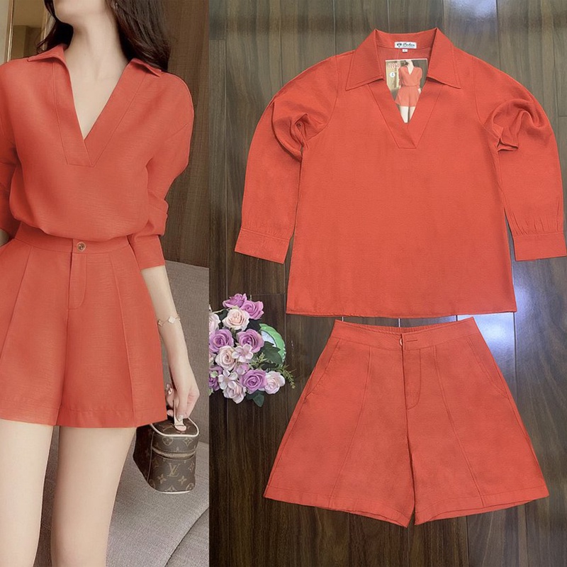 Đồ nữ sang chảnh đẹp cá tính nguyên bộ áo cổ V tay dài quần short lưng thun thoải mái TJ1160