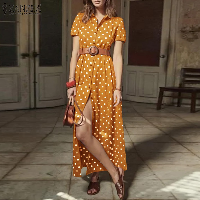 Đầm Dài ZANZEA Chia Đuôi Cho Nữ Ngắn Tay Có Cổ In Chấm Bi Khóa Nút | BigBuy360 - bigbuy360.vn