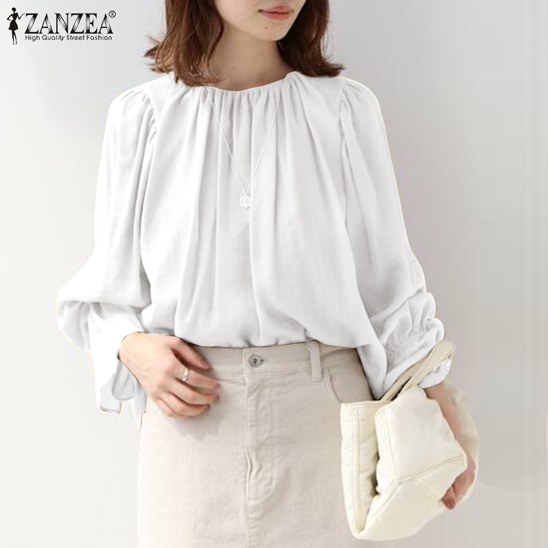 Áo ZANZEA tay dài cổ tay co giản cổ tròn màu trơn đơn giản phong cách Hàn Quốc