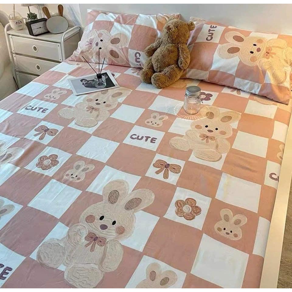 Bộ chăn ga gối Cotton Poly mẫu Thỏ hồng chất liệu mềm đẹp thấm hút tốt