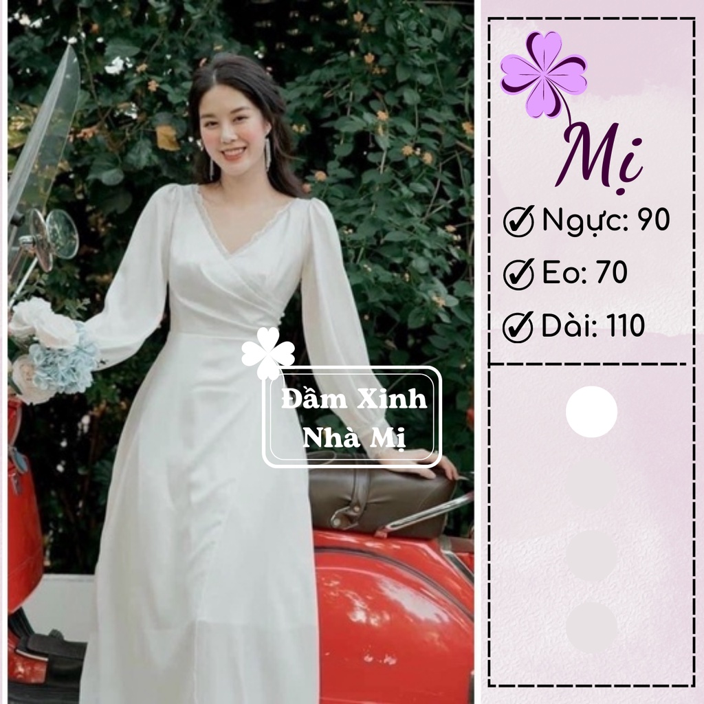 (Hình Thật) Đầm Dự Tiệc Tay Dài Cổ Tim Phối Ren Viền Cổ Quý Phái, Đầm Đi Chơi Vạt Chéo Xếp Li Đính Cúc Màu Trắng
