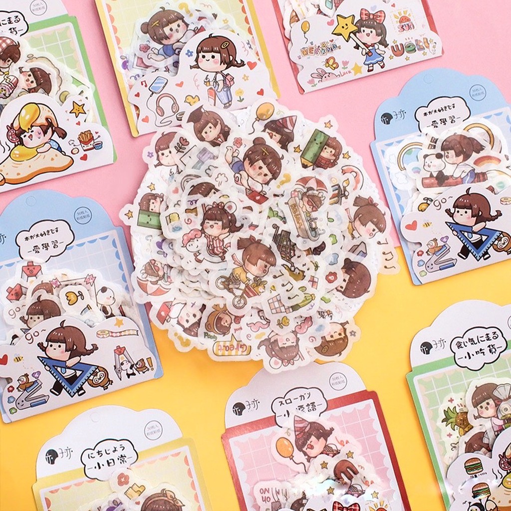 Set Sticker Cute Dễ Thương Hình Cô Bé Trang Trí Sổ Tay Xinh Anime Bàn Học Dán Mũ Bảo Hiểm Dán Góc Học Tập Vali