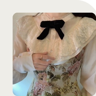 Set Áo Sơ Mi Ren Nữ Kết Hợp Váy Hai Dây Dáng Dài Vintage In Hoa Kiểu Pháp Phong Cách Retro