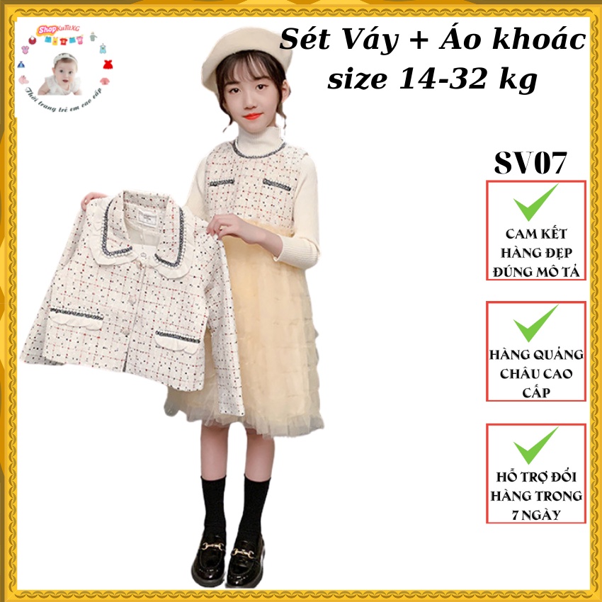 Váy thu đông bé gái chất dạ phối ren tầng xinh xắn tặng kèm áo khoác siêu đẹp size 14-32kg [SV07]