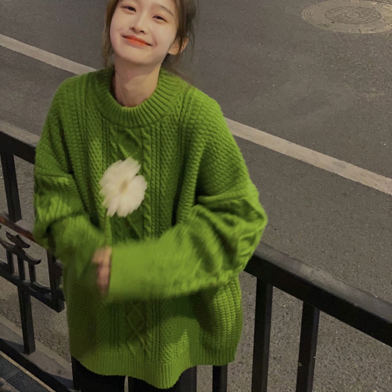 Áo Len Tay Dài Dáng Rộng Màu Xanh Lá Phong Cách Hàn Quốc Thời Trang Cho Nữ