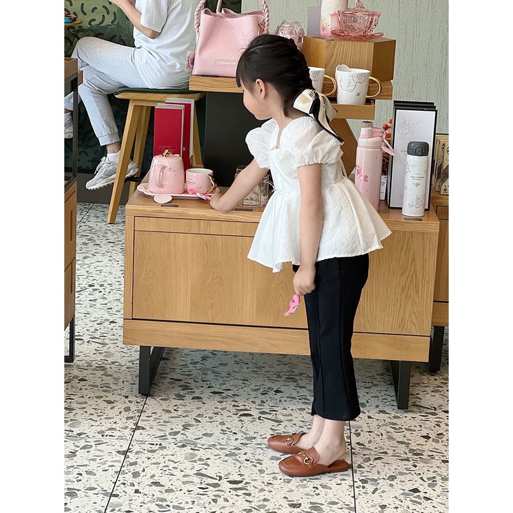 [Hàng Có Sẵn Ngay Lập Phương Set Áo Sơ Mi Cotton Trơn Dáng Rộng + Quần Ống Loe Thời Trang Mùa Hè Phong Cách Hàn Quốc Cho Bé Gái