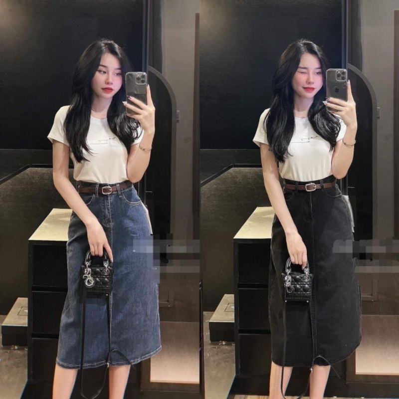 Pass chân váy jean dài kèm đai