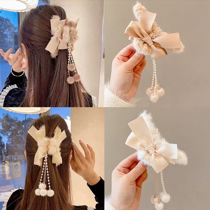 Kẹp Tóc Nơ Bằng Vải Phối Lông Dễ Thương Cỡ Lớn Phong Cách Hàn Quốc