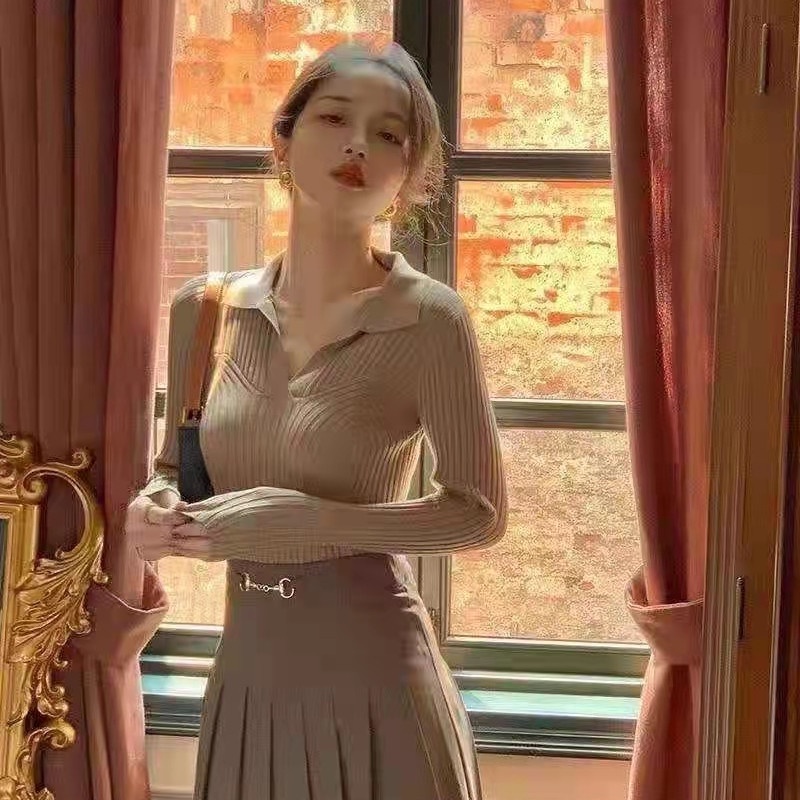 Áo polo dệt kim tay dài màu sắc đơn giản phong cách Hàn Quốc