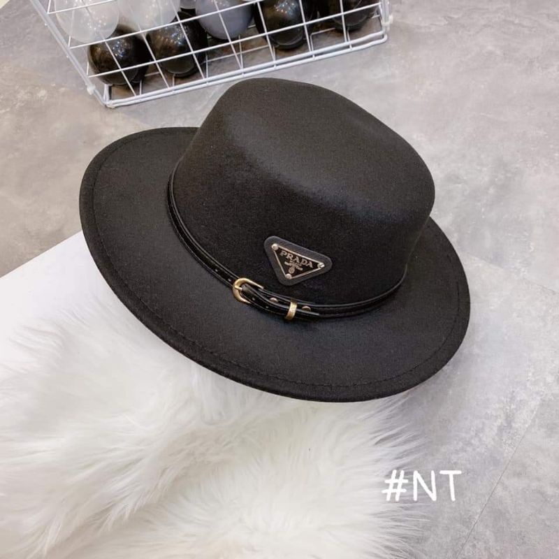 Mũ dạ fedora vành nhỏ cao cấp đai da tag PRAD A siêu sang chảnh