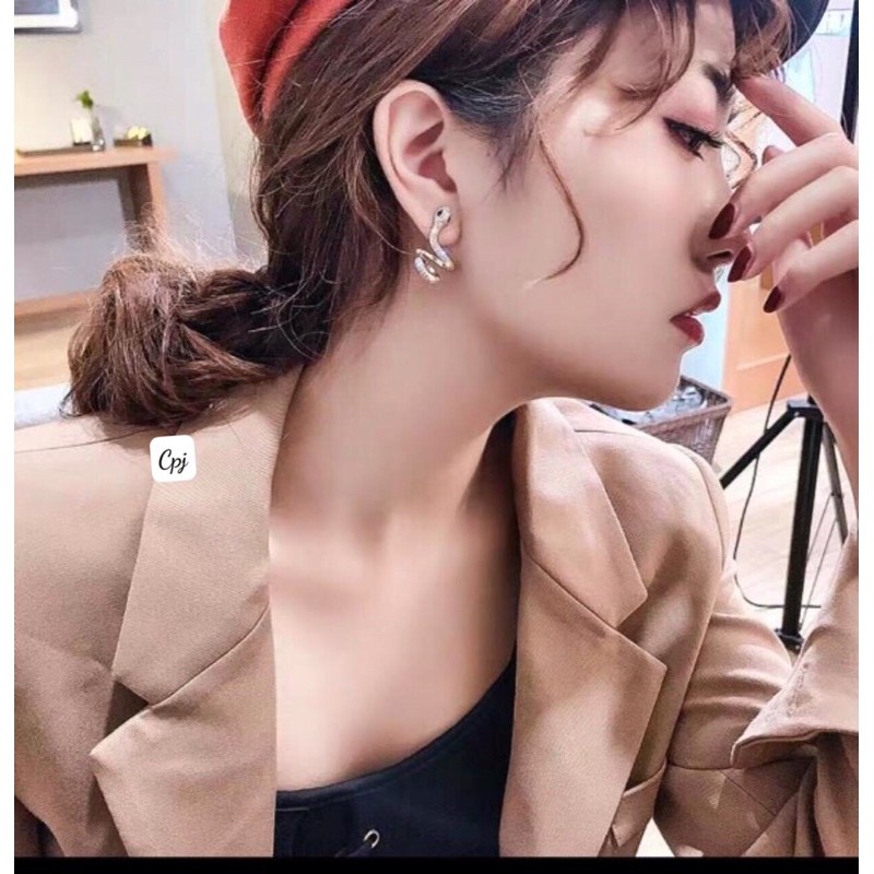 Bông tai gắn đá hình rắn kẹp vành tai đeo được 2 kiểu XƯỞNG BẠC PHƯƠNG CẢNH