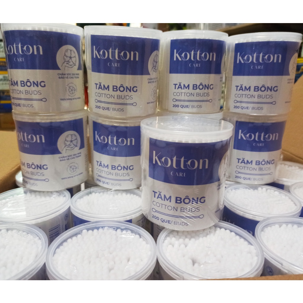 Tăm Bông Meriday đầu tăm lớn HỘP TRÒN XOAY 200 que - Tăm Bông KOTTON CARE 200 que Chính hãng Bông Bạch Tuyết