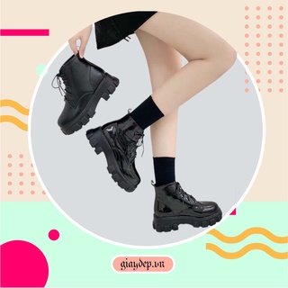 Bốt cao cổ chất da Pu độn đế, Giày boot nữ Đế răng cưa chất da bóng lì phong cách Hàn hot trend