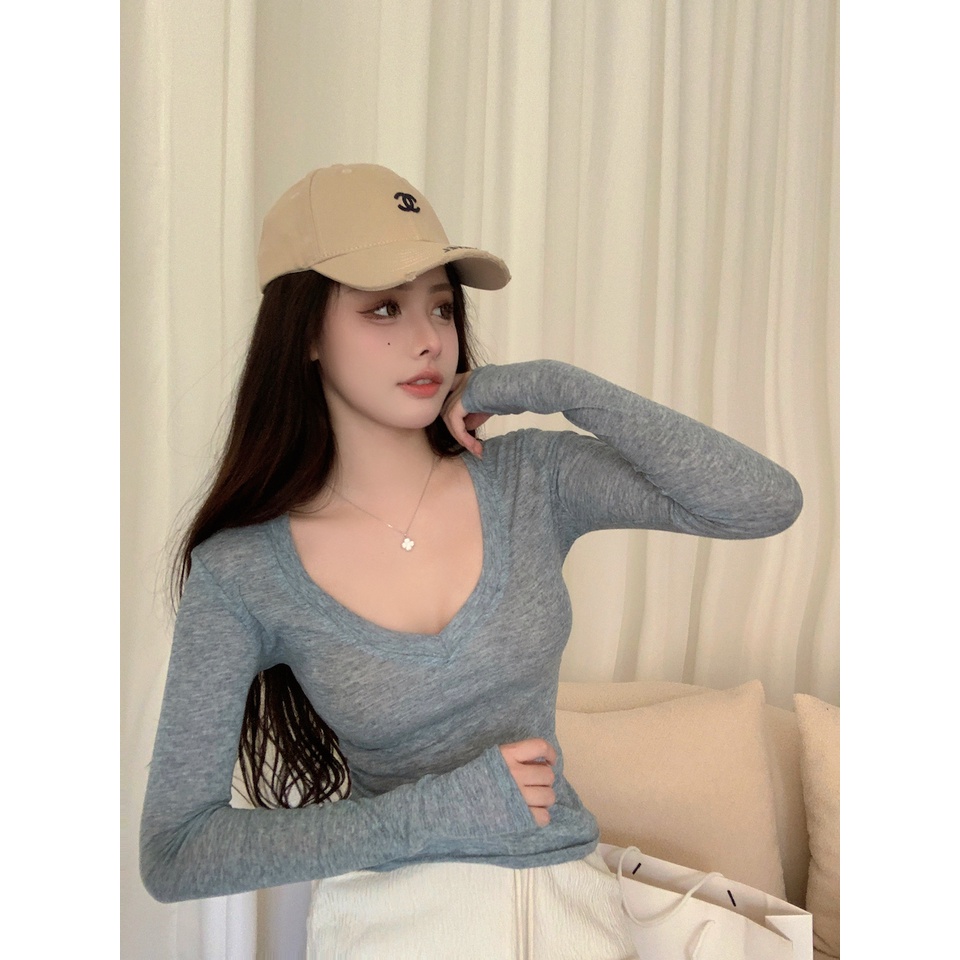 Áo Thun Tay Dài Cổ Chữ V Bằng cotton linen Mỏng Hàng Mới