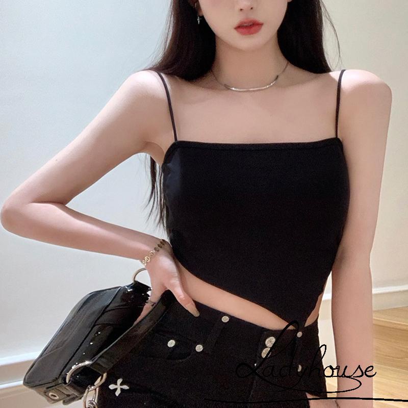 Áo hai dây ngắn màu trơn có đệm ngực màu trắng/đen sành điệu thời trang mùa hè