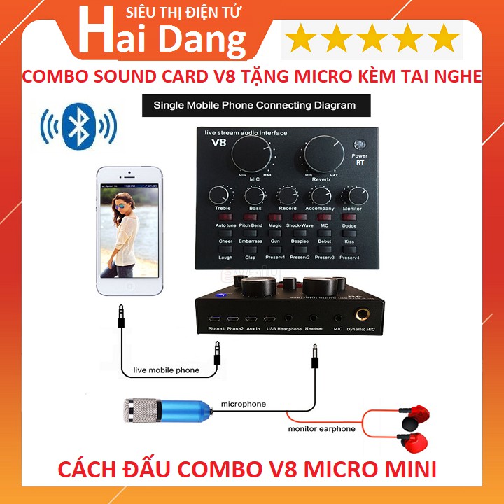 Combo Sound Card V8 Bluetooth, Tặng Micro Thu Âm Kèm Tai Nghe - Bảo Hành 3 Tháng