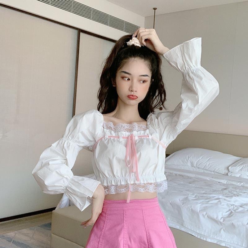 Áo Croptop nữ tay dài phồng phối ren phong cách Hàn Quốc mã QD082