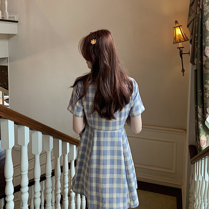 Đầm Tay Ngắn Cổ Vest Dáng Ôm Kẻ Sọc Ca Rô Thiết Kế Mới Xinh Xắn Cho Nữ