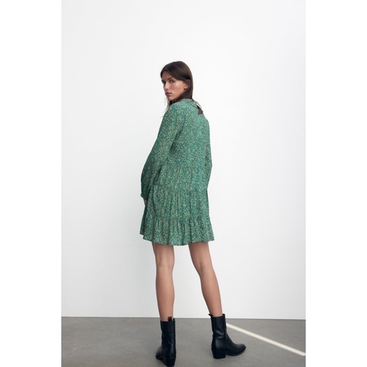 Váy baby doll hoa nhí xanh cổ bẻ Zarraa canh sale