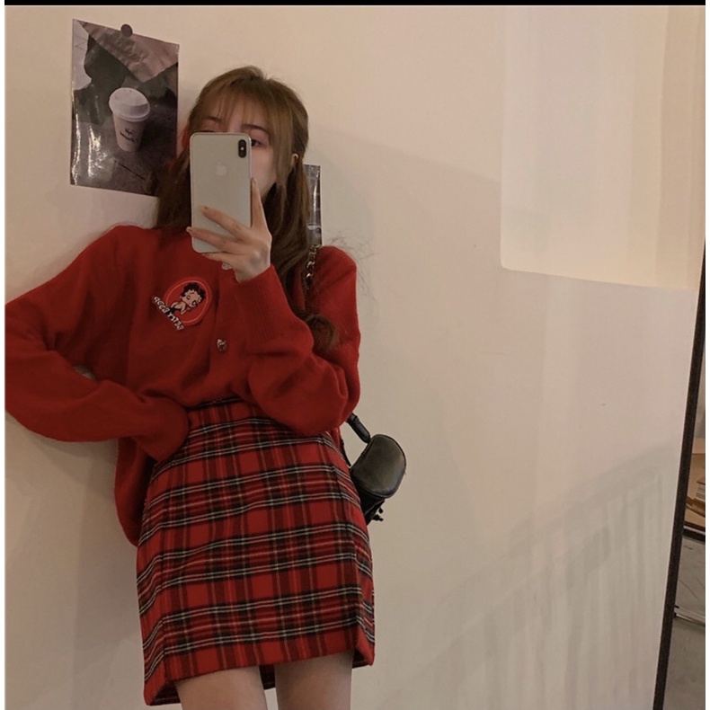 |REDFLA SET| SET áo len đỏ chân váy đỏ caro TLÉA