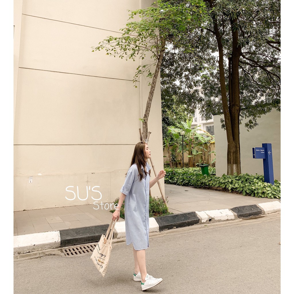 [Mã FATHANG5 giảm 10K đơn 50K] Váy kẻ suông đũi nhăn cúc dọc V478 SUSTORE