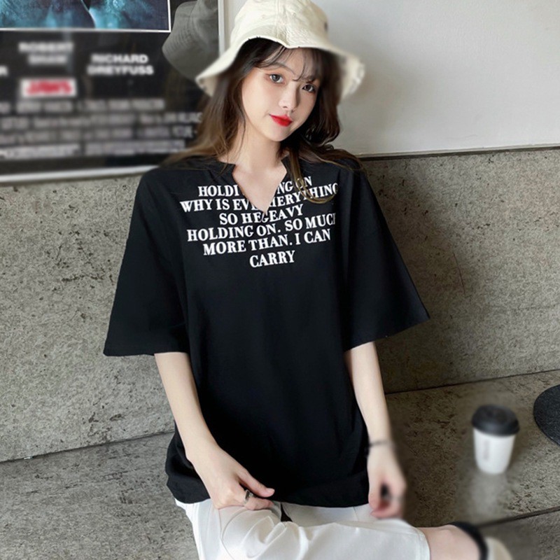 Áo Thun Ngắn Tay Dáng Rộng Cổ Chữ V In Chữ Cá Tính Thời Trang Cho Nữ