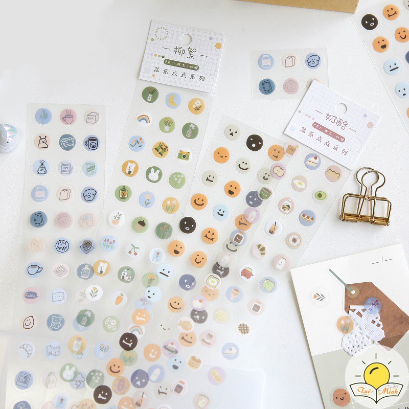 Set 57 sticker miếng dán icon tròn cute hình khuôn mặt/ đồ ăn/ đồ tiện ích Tuệ Minh
