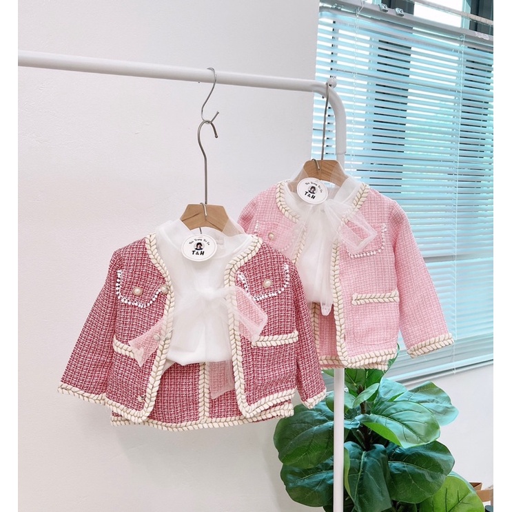 Sét áo khoác + áo sơ mi + chân váy dạ cho bé gái 10-22kg