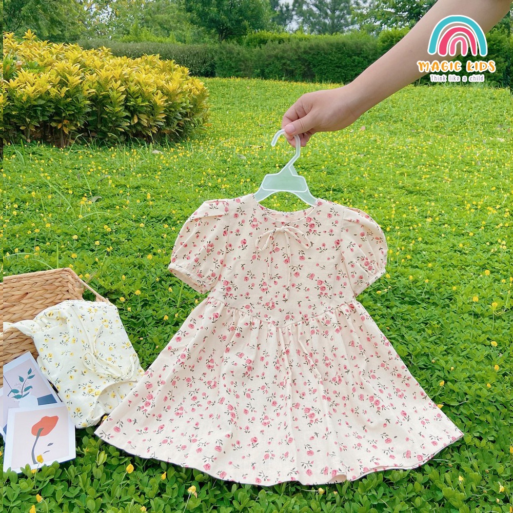 Váy xòe trẻ em hoa nhí nơ cổ xinh xắn, dễ thương dành cho bé gái từ 9-24kg
