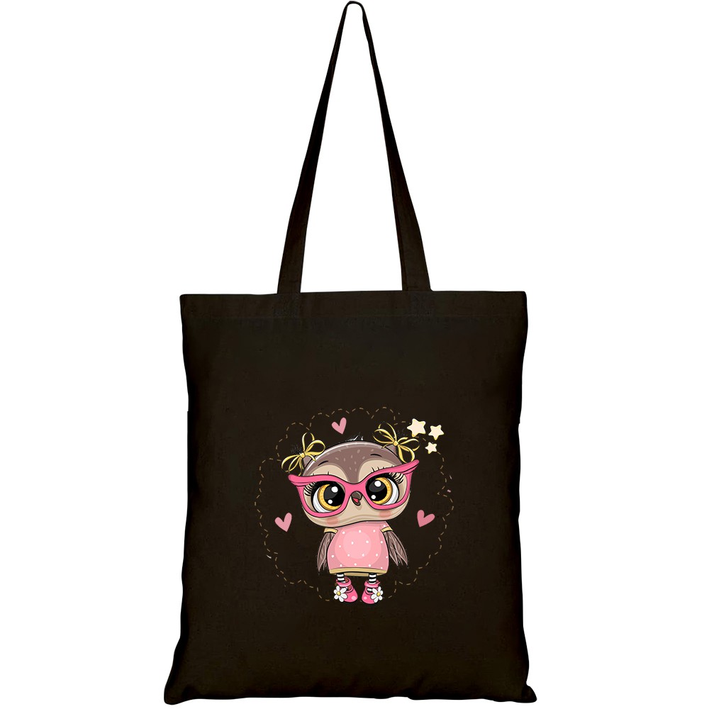 Túi vải tote canvas HTFashion in hình cute cartoon owl pink eyeglasses HT364